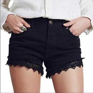 Free People Black Denim Cutoff Shorts Crochet Lace Trim Scalloped Hem SIZE 26